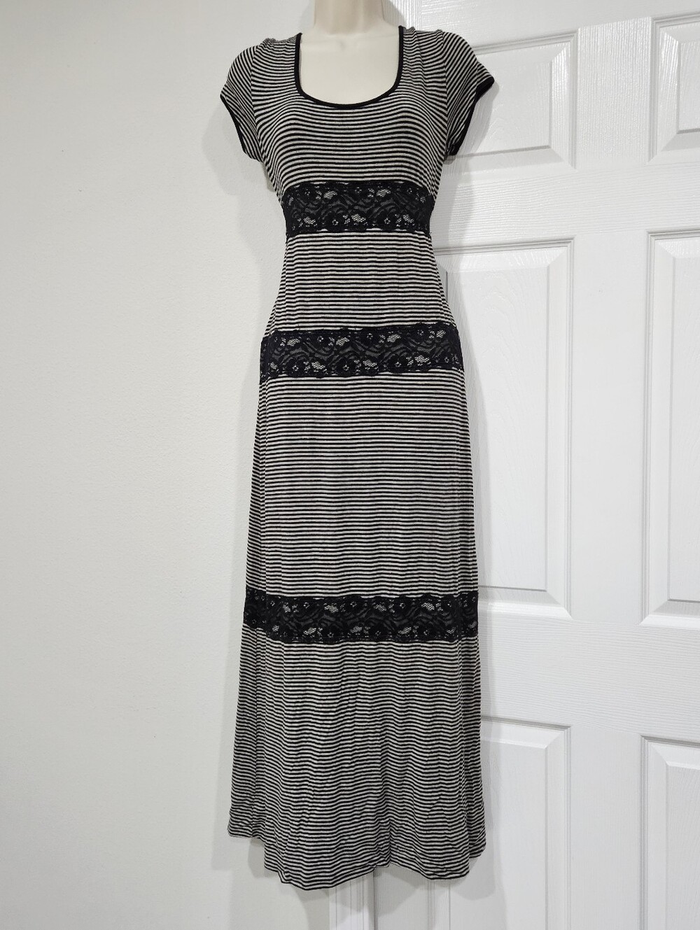 Max Studio Black and White Striped Lace-Accent Maxi Dress